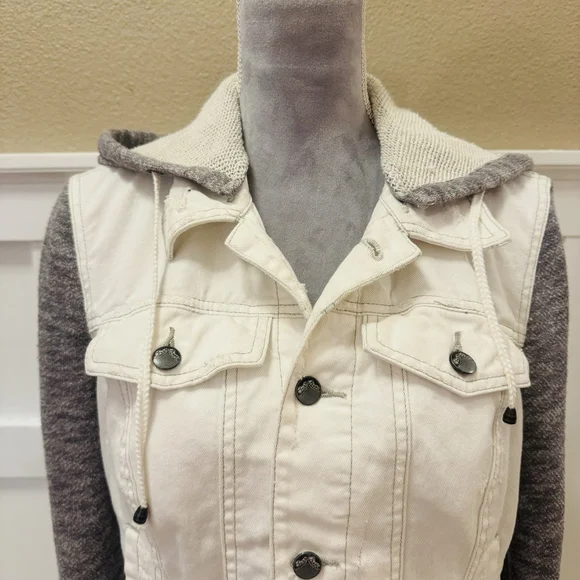 Free People Knit Sleeve Distressed Denim Jacket Size:M Removable Hood Women - Picture 4 of 13